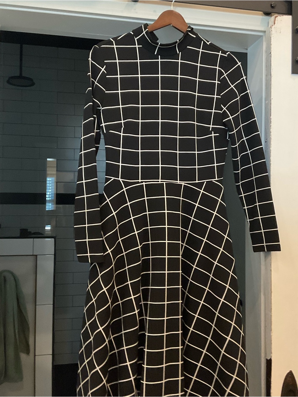 SHEIN Black and White Grid Midi Dress - Long Sleeve